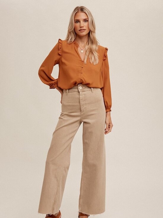 HEM & THREAD Rust Ruffle Shoulder Blouse | Lace Back Detail - Picture 4 of 5